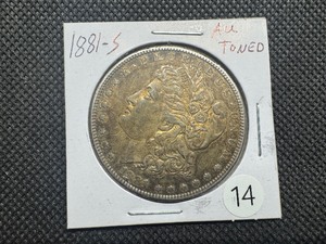 lot 14 image: 1881-S Morgan Silver Dollar Marked AU Toned When Purchased - Nice Copper Toning