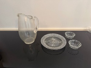 lot 68 image: Glass Divided Relish Dish, Small Glass Bowls, Glass Water Pitcher