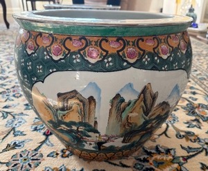 lot 19 image: Hand Painted Chinese Porcelain Fishbowl or Jardiniere or Planter - Landscape Design