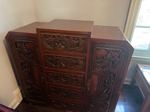 lot 2 image: Antique Chinese Carved Rosewood Chest, 5 Drawers, 2 Side Cabinets 44 wide x 14 deep x 40 tall