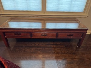 lot 4 image: Vintage Chinese Coffee Table with Glass Topper 60 wide x 20 deep x 17 12 tall