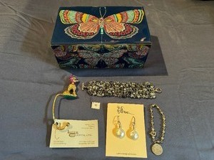 lot 80 image: Butterfly Jewelry Box, Handmade Coin Pearl Earrings, Handcrafted Bracelet (BlueGray), Celestial Bracelet, Poodle PurseBag Holder