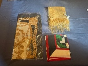 lot 85 image: Bellagio Italy Chain Print Scarf, Jones New York Floral Scarf, Gold Scarf (never worn)