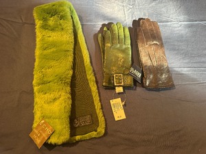 lot 86 image: Green Faux Fur Collar, Olive Green Leather Gloves Size 6.5, Brown Leather Gloves Size 6 (never worn with original tags)