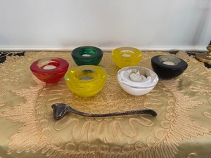 lot 11 image: Kosta Boda Atoll Votive Candle Holders (Set of 6) with Silver Plated Candle Snuffer