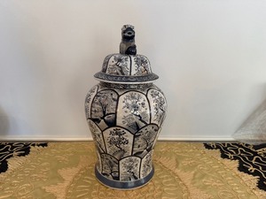 lot 13 image: Collectible Ceramic Ginger Jar Blue and White Lid Topped with Lion Finial Fu Dog or Temple Dog