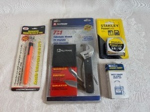 lot 145 image: New ToolsHardware 7 in 1 Adjustable Wrench, Stanley 12 Tape Measure, Telescoping Magnetic Pickup Tool, Safety Padlock