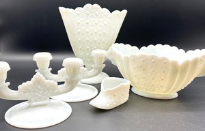 lot 2 image: Vintage Fenton Daisy & Button Milk Glass Candelabra Pair with Bowl, Vase and Shoe