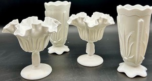lot 4 image: Vintage Fenton Cactus Pattern Milk Glass Vases and Compotes