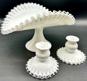 lot 13 image: Vintage Fenton Banana Boat Bowl and Candlesticks - Silver Crest with Ruffle Edge