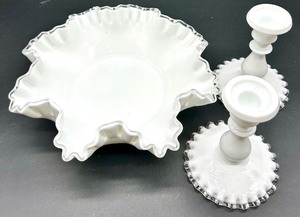 lot 16 image: Fenton Milk Glass Silver Crest Bowl & Candlesticks Set