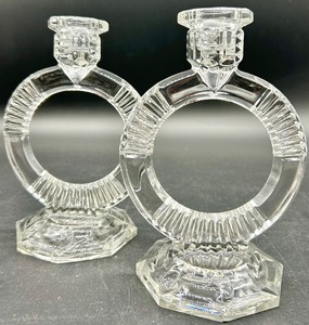 lot 30 image: Libochovice - Vintage Art Deco Clear Glass Ring Candlesticks - Czech