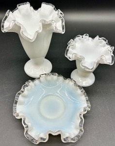lot 31 image: Vintage Fenton Silver Crest Glass - Two Vases and Bon Bon DishBowl