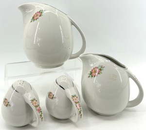 lot 43 image: Vintage Halls Rose Pattern Ceramic Pitcher & Salt Shaker Set - Made in USA