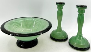 lot 46 image: Indiana Glass Vintage Art Deco Green Candlesticks & Compote Bowl