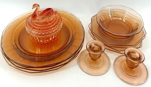 lot 49 image: Vintage Amber Jeanette Swan Powder Jar, Candle holders and plates