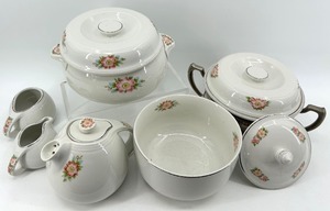 lot 50 image: Vintage Halls Rose Pattern 1259 Dinnerware Set - including Covered Dish with Stand - Made in USA