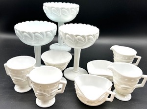lot 54 image: Vintage Fostoria Wistar Milk Glass Compotes, Sugar, Creamer, and More