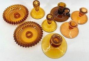 lot 55 image: Amber Glass Starburst Edge Dishes & Candlesticks Set - 8-Piece Amber Glass including Indiana