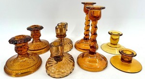 lot 59 image: Vintage Assorted Amber Glass Candlesticks - 4 Pair