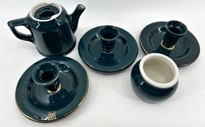 lot 62 image: Assorted Vintage Hall China including 461 Teal Creamer and Candle Holders - Made in USA