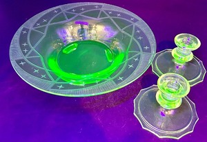 lot 80 image: Vintage Uranium Glass Compote Bowl and Candlestick Holders