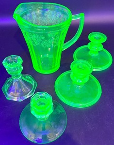 lot 81 image: Vintage Jeanette Uranium Glass Pitcher & 2 Pair of Candlesticks