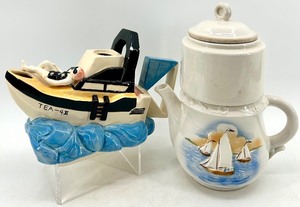 lot 90 image: Vintage MANN Sailboat Teapot & Boat Teapot Ceramic Set - Made in USA