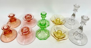 lot 98 image: Vintage Glass Candlestick Holders - Assorted Colors Pink, Amber, Green, Yellow and Clear