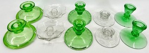 lot 114 image: 5 Pair Vintage Candlestick Holders - Green and Clear Glass
