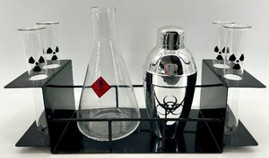 lot 123 image: Lab Glassware Bar Set - 4 Test Tubes, Erlenmeyer Flask & Chrome Cocktail Shaker