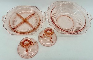 lot 124 image: Vintage Pink Depression Glass Serving Dishes including Divided Dish, Bowl and Candlesticks