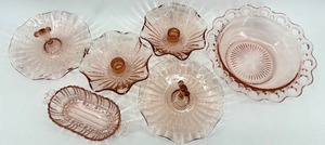 lot 127 image: Vintage Pink Depression Glass Bowls & Candle Holders, Tidbit Trays