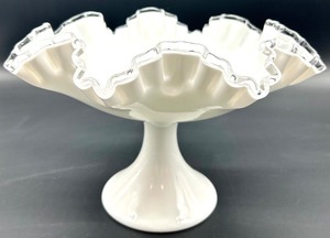 lot 130 image: Vintage Fenton Silver Crest Compote Bowl - White Glass Pedestal with Ruffled Rim