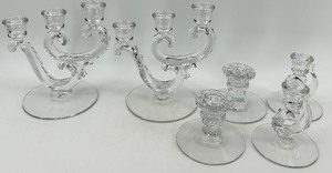 lot 136 image: Vintage Fostoria Crystal Glass Candelabras and 2 Pair Candlesticks