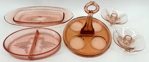 lot 137 image: Vintage Pink Depression Glass - Caddy, Dish, Divided Dish and Pair of Candle Holders