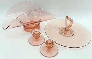 lot 142 image: Vintage Pink Glass Banana Bowl, Pair of Candlesticks and Cake Server Plate with Handle