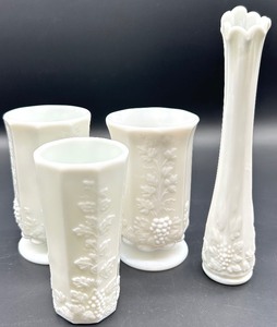 lot 144 image: Vintage Westmoreland Paneled Grape Milk Glass Vases and Bud Vase