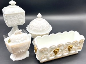 lot 145 image: Vintage Westmoreland Glass Grapes & Leaves Milk Glass Covered Dishes and Rectangular Dish