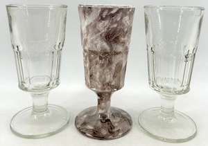 lot 148 image: Vintage Slag Glass Goblet Set - 3-Piece 2 Clear Goblets & 1 Marbled Goblet
