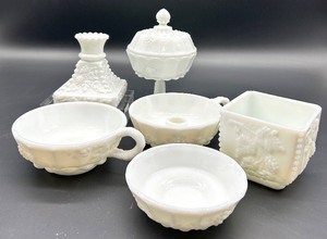 lot 153 image: Vintage Milk Glass Grapevine Pattern 6-Piece Serving Set - Pedestal Compote, Teacup & Bowls