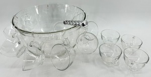 lot 157 image: Vintage Glass Punch Bowl Set with 12 Glass Cups and Hooks