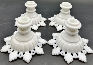 lot 162 image: Vintage Westmoreland Milk Glass Ring Petal Pattern Candle Holders