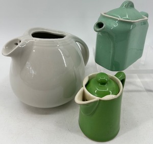 lot 163 image: Hall Water Pitcher, Hall Covered Creamer & Chefsware Pottery Single-Serving Teapot - Vintage