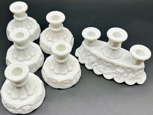lot 166 image: Vintage Westmoreland Paneled Grape Milk Glass Candle Holders - 5 Singles and 1 Trio