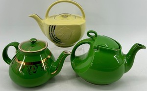 lot 169 image: Vintage Hall 6-Cup Teapots - 2 Green & Yellow Ceramic with Gold Trim