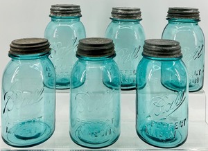 lot 171 image: Vintage Ball Perfect Mason Blue Glass Jars - Set of 6 - Zinc Lids with Milk Glass Insert #1