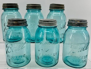lot 173 image: Vintage Ball Perfect Mason Blue Glass Jars - Set of 6 - Zinc Lids with Milk Glass Insert #2