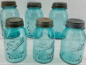 lot 174 image: Vintage Ball Perfect Mason Blue Glass Jars - Set of 6 - Zinc Lids with Milk Glass Insert #3