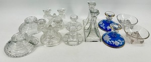 lot 185 image: Vintage Crystal Candlestick Holders - 6 pairs including Painted Blue with Bird Motif
